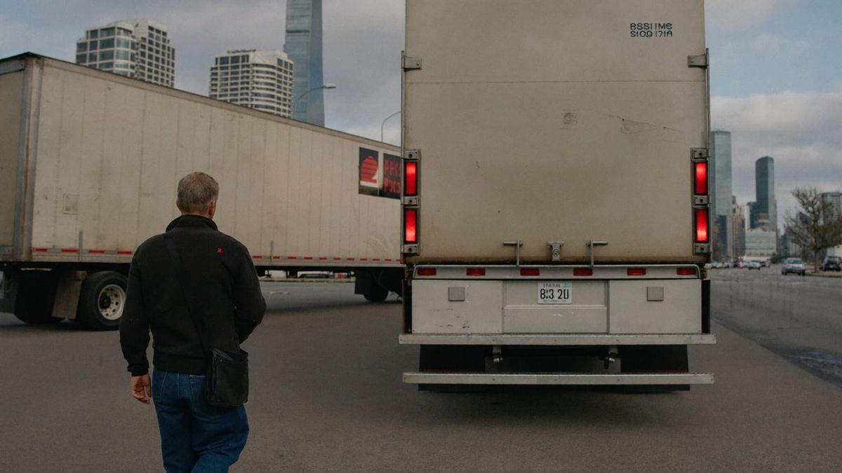 A driver walking toward a parked tractor-trailer at a Chicago-area terminal